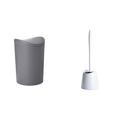 TATAY Poubelle Salle Bain et Brosse Toilettes WC | Poubelle Salle Bain Grise avec Couvercle à Bascule | Capacité 6L | Brosse Toilettes WC Blanche | Ensemble Résistant et 100% Recyclable