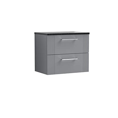 nuie DPF293LSB Deco Modern Bathroom Wall Hung 2 Drawer Part Fluted Vanity Basin Unit with Laminate Black Sparkle Worktop, Satin Grey