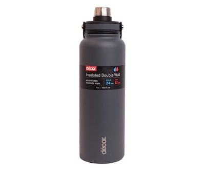 Decor Adventurer 1,2 L stor isolerad vattenflaska i rostfritt stål – läckagesäker metallflaska för varma och kalla drycker, perfekt termisk dricksflaska för arbete, resor – grafit.