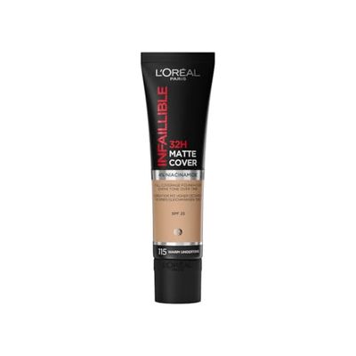 L'Oreal Paris Cover Liquid Foundation, With 4% Niacinamide, Long Lasting, Natural Finish, Available in 20 Shades, SPF 25, Infallible 32H Matte Cover, Shade 115, 30ml