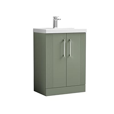 nuie DPF825D Deco Modern Bathroom Floor Standing 2 Door Part Fluted Vanity Basin Unit with Thin-Edge Ceramic Basin, 600mm, Satin Green