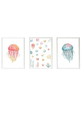 Set 3 Láminas infantiles formado por Lámina medusa rosa, estampado océano y medusa azul