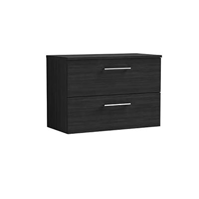 nuie Modern Bathroom Wall Hung 2 Drawer Vanity Unit with Colour Worktop, Woodgrain Charcoal Black, 800mm