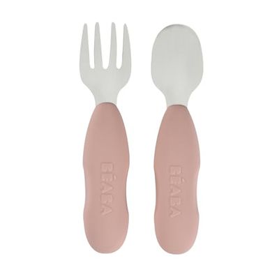 Béaba, set med 2 förbestick i rostfritt stål och silikon, babybestick, barnbestick, från 10 månader, ergonomisk form, ergonomiskt handtag, lärande babybestick, pappaskägg