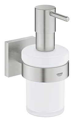 GROHE Start Cube Distributeur de Savon avec Support pour Salle de Bain, Fixations Cachées, A Coller avec GROHE QuickGlue ou à Visser, Supersteel, 41098DC0