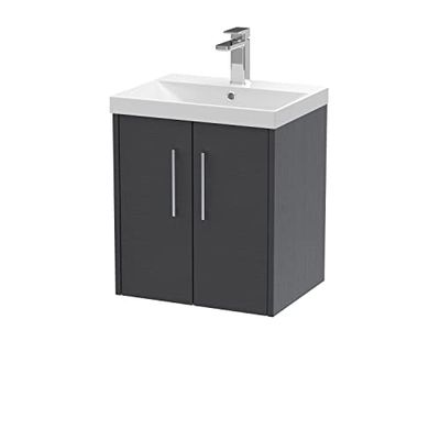Hudson Reed JNU2221D Juno Modern Bathroom Wall Hung 2-Door Vanity with Thin-Edge Ceramic Basin, 500mm, Woodgrain Graphite Grey