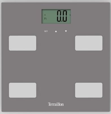 TERRAILLON - CONTROL FIT- elektronisk personvåg, impedansmätare, analys av fett, muskel, vatten, ben BMI, kapacitet 160 kg, glasplatta, grå