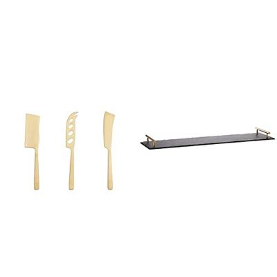 Artesà Slate Platter with Brass Handles and 3pc Brass Cheese Knife Set