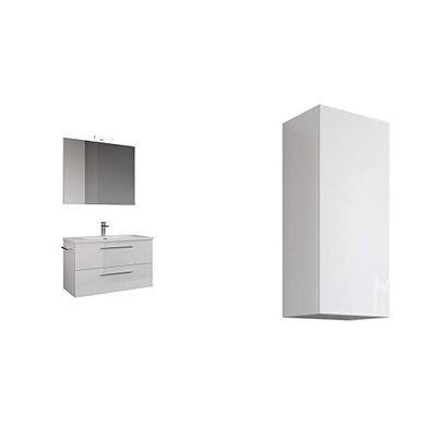 Mama Store Collezione Era, Set da bagno, Mobile da bagno sospeso con lavabo da 80cm, con Pensile singolo reversibile, Laccato Bianco Lucido