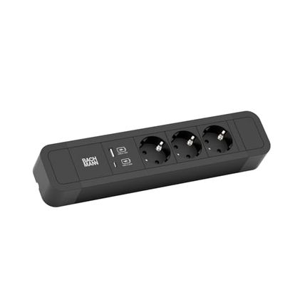 Bachmann Stekkerdoos PRIMO 2 ALU, 3-voudig, zwart, 2,0 m, 1x USB A+C oplader