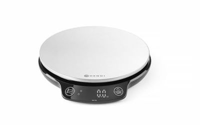 HENDI Balance de cuisine numérique, écran digital LED, haute précision, max. 3 kg, 3 piles AAA 1,5 V incluses, 165x180x(h)31 mm, ABS, acier inoxydable