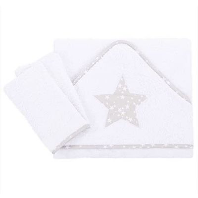 Babybay 500602 Toalha de cama 100 x 100 cm. Two Washcloth, White Application Star Pearl Grey, 400 g, unissexo