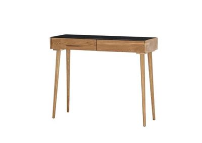 Robas Lund, Stół do konsoli/garderobiany NATA, lity dąb, naturalny olejowany, szklany blat czarny, z dwiema szufladami, szer./wys./gł.: 100/80/35 cm