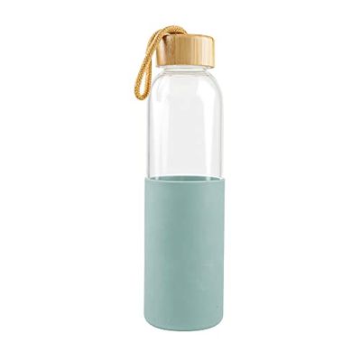 Birambeau – Botella de cristal – 550 ml – Botella de agua de cristal – Botella reutilizable – Funda de silicona verde – Tapón de bambú – Cuerda, verde