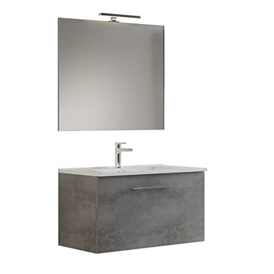 MaMa Store GEA1 100 - Mobile Bagno Sospeso 100 CM monocassettone Grigio Cemento con Lavabo, Specchio e Lampada LED, L.101 X P.46 X H.45 cm