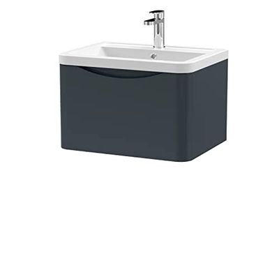 nuie Modern Bathroom Wall Hung 1 Drawer Vanity Unit & Ceramic Basin, 600mm, Satin Anthracite, Soft Black