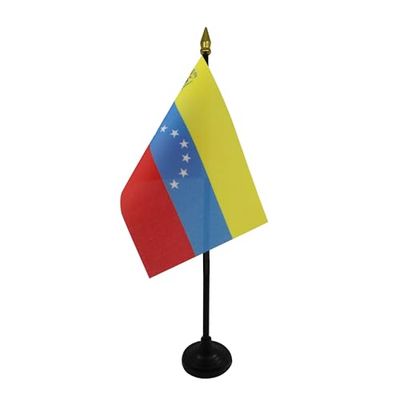 AZ FLAG - Mini Drapeau Vénézuela Ancien Avec Ecusson De Table - 15x10 cm - Drapeau Vénézuelien De Bureau 100% Polyester Avec Hampe Pointe Dorée 25cm