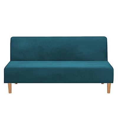 Mingfuxin Armless Sofa Bed Covers, Stretch Velvet Futon Couch Cover Thick Soft Cozy Sofa Bed Slipcover Furniture Protector Armless Folding Sofa Bed (Thick Velvet | Water Blue)