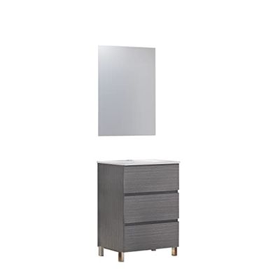 Baikal Set di mobili da bagno Neo con lavabo in ceramica e specchio luna liscia, tre cassetti, su gambe. Disponibile in diverse finiture. Mobile montato cenere