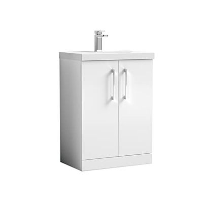 nuie ARN103A Arno Modern Bathroom Floor Standing 2 Door Vanity Unit with Mid-Edge Ceramic Basin, 600mm, Gloss White