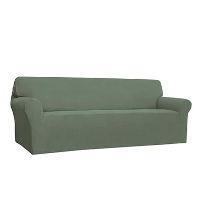 Easy-Going Stretch 4 Seater Sofa Slipcover 1-Piece Sofa Cover Furniture Protector Couch Soft with Elastic Bottom for Kids,Polyester Spandex Jacquard Fabric Small Checks (XX Large,Greyish Green)