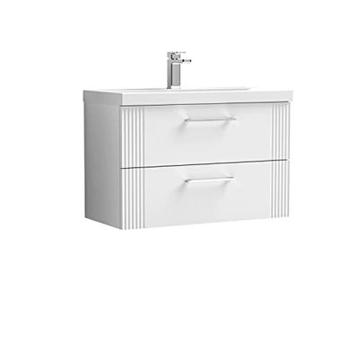 nuie DPF195A Deco Modern Bathroom Wall Hung 2 Drawer Part Fluted Vanity Unit with Mid-Edge Ceramic Basin, Satin White