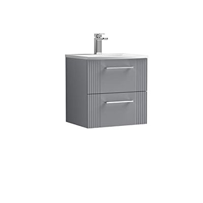 nuie Modern Bathroom Wall Hung 2 Drawer Part Fluted Vanity Unit with Curved Ceramic Basin, Satin Grey, 500MM