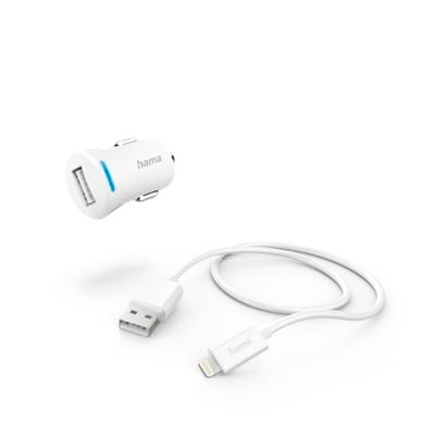Hama Lightning sigarettenaansteker oplader (autolader met Lightning-kabel 1 m, 12 W, voor Samsung Galaxy S21 S22, Xiaomi, Sony, iPhone XR/XS Max/ 8 Plus, Huawei, LG, Wiko) wit