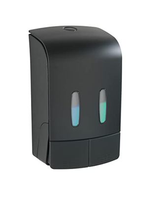WENKO Distributeur de Savon Mural Mod. Tartas | Distributeur de Savon et désinfectant Noir en Plastique pour Salle de Bain | 2 Compartiments de 480 ML | Dimensions 14,5 x 24 x 9 cm