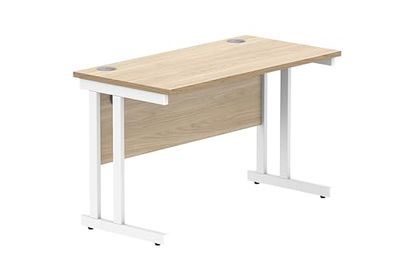 Office Hippo Essentials Rechthoekig schrijfcomputer, werkplek, thuiskantoor bureau met kabelpoortbeheer, Canadees eiken, wit frame, 120 x 60 x 73 cm (b x d x h)