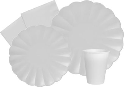 Party Tableware Set Flower Shape for 8 people (44 pcs: 8 plates Ø23cm, 8 plates Ø18cm, 8 cups 200ml, 20 napkins 33x33cm) in eco-friendly compostable paper, white