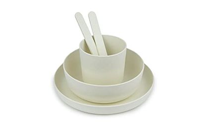 MILL'O BEBÉ - Juego de vasos (plato, cuenco, vaso, cuchara, tenedor), 100% orgánico y orgánico – Libre de BPA – MICROONDABLE – BLANCO
