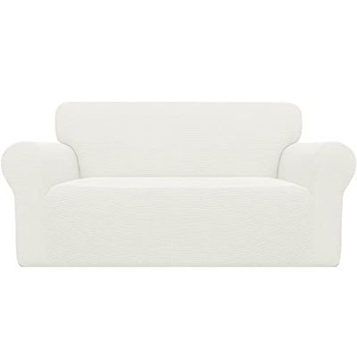 Easy-Going Stretch Sofa Slipcover 1-Piece Sofa Cover Furniture Protector Couch Soft with Elastic Bottom Anti-Slip Foam Kids, Spandex Jacquard Fabric Small Checks(loveseat,Cream)