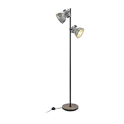 GLO Barnstaple Candeeiro de pé de 2 focos de design vintage, industrial, retro, candeeiro de aço com aspeto de zinco usado, madeira, aspeto oxidado, preto, E27, incl. interruptor de pedal