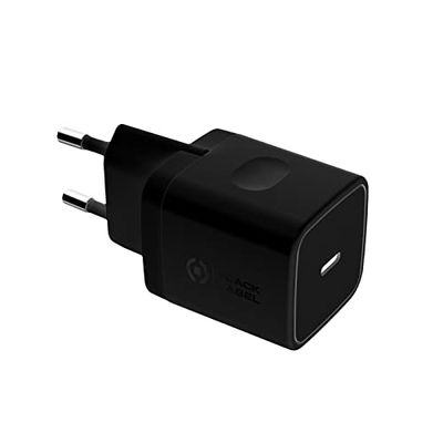 Celly, Caricabatterie da Rete Linea Black Label, Caricabatterie con Porta USB-C, 20W Output, Tecnologia Power Delivery, Ricarica alla Massima Velocità in Meno di un'Ora, Dimensioni Compatte