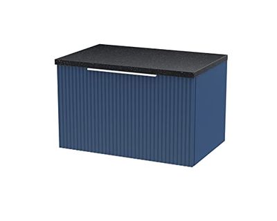 Hudson Reed DFF394LSB Fluted Modern Bathroom Wall Hung 1 Drawer Vanity Unit with Sparkle Black Laminate Worktop, 600mm, Satin Blue