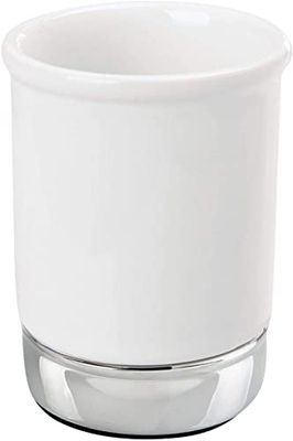 iDesign York Organizador de maquilhagem, pequeno copo porta-escovas de dentes de cerâmica e metal para bancada, copo para guardar maquilhagem, branco e prateado