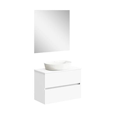 Baikal Mueble de Baño Onyx. Mueble MONTADO, Mueble 2 cajones. Mueble Baño con Lavabo. Mueble Suspendido. Armario de Pared. Lavabo Cerámico. Incluye Espejo. 80cm Blanco.
