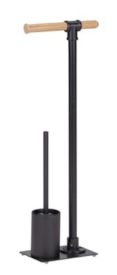 WENKO Serviteur WC 2en1 Forli, Brosse WC et dérouleur papier toilette sur pied, Acier noir et support papier toilette en bambou, 25 x 72,5 x 15 cm
