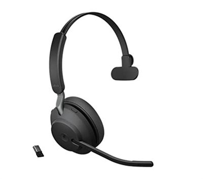Jabra Evolve2 65 Wireless PC Headset – Noise Cancelling Microsoft Teams Certified Mono Headphones With Long-Lasting Battery – USB-A Bluetooth Adapter – Black