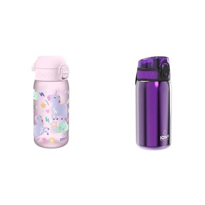 Ion8 Gourde Enfant, 350ml, Anti-Fuite, Facile à Ouvrir, Verrouillage Sécurisé & Gourde Enfant Acier Inox 400ml, Anti-Fuite, Facile à Ouvrir et Nettoyer, Verrouillage Sécurisé, Lavable