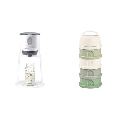 BÉABA, Babero Expresso y Boite Doseuse de 4 compartimentos, Calienta Biberones, Dispensador de Agua a Temperatura Exacta, Baño María, Blanco y Verde Salvia