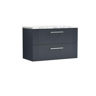 nuie DPF1495LCM Deco Modern Bathroom Wall Hung 2 Close Drawer Vanity Unit and Carrera Marble Laminate Worktop, 800mm, Soft Black