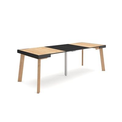 Skraut Home | Uittrekbare consoletafel | eettafel | 220 | voor 10 personen | houten poten | moderne stijl | eiken en zwart