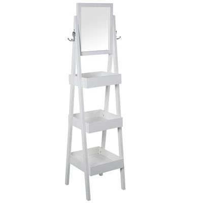 DRW Estanteria se Suelo de Madera con 3 estantes y Espejo en Blanco 35x35x147cm, Espejo 30x37cm