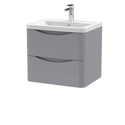 nuie LUN202A Lunar Modern Bathroom Wall Hung 2 Drawer Vanity Basin Unit & Ceramic Basin, 600mm, Satin Grey