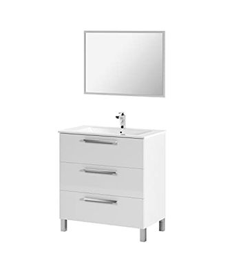 Dmora - Meuble de comptoir Palmdale, Armoire de toilette, Armoire avec 3 tiroirs et miroir, évier non inclus, cm 80x45h86, Blanc brillant