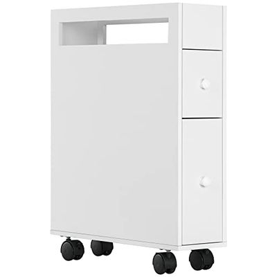 kleankin badkamerkast met wielen, niskast met 2 laden, badkamerkast met open vak, badkamertrolley, multifunctionele kast voor badkamer, 16 x 49,5 x 66 cm, wit