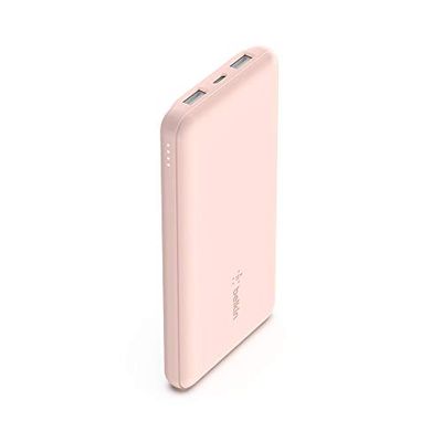 Belkin 10000mAh portable power bank, 10K USB-C portable charger with 1 USB-C port and 2 USB-A ports, battery pack for up to 15W charging for iPhone, Samsung Galaxy, AirPods, iPad, and more - Rose Gold