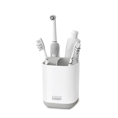 Joseph Joseph EasyStore Suporte porta-escova e pasta de dentes, compatível com escovas elétricas e tradicionais, 3 compartimentos, armazenamento de casa de banho removível, médio, branco/cinzento